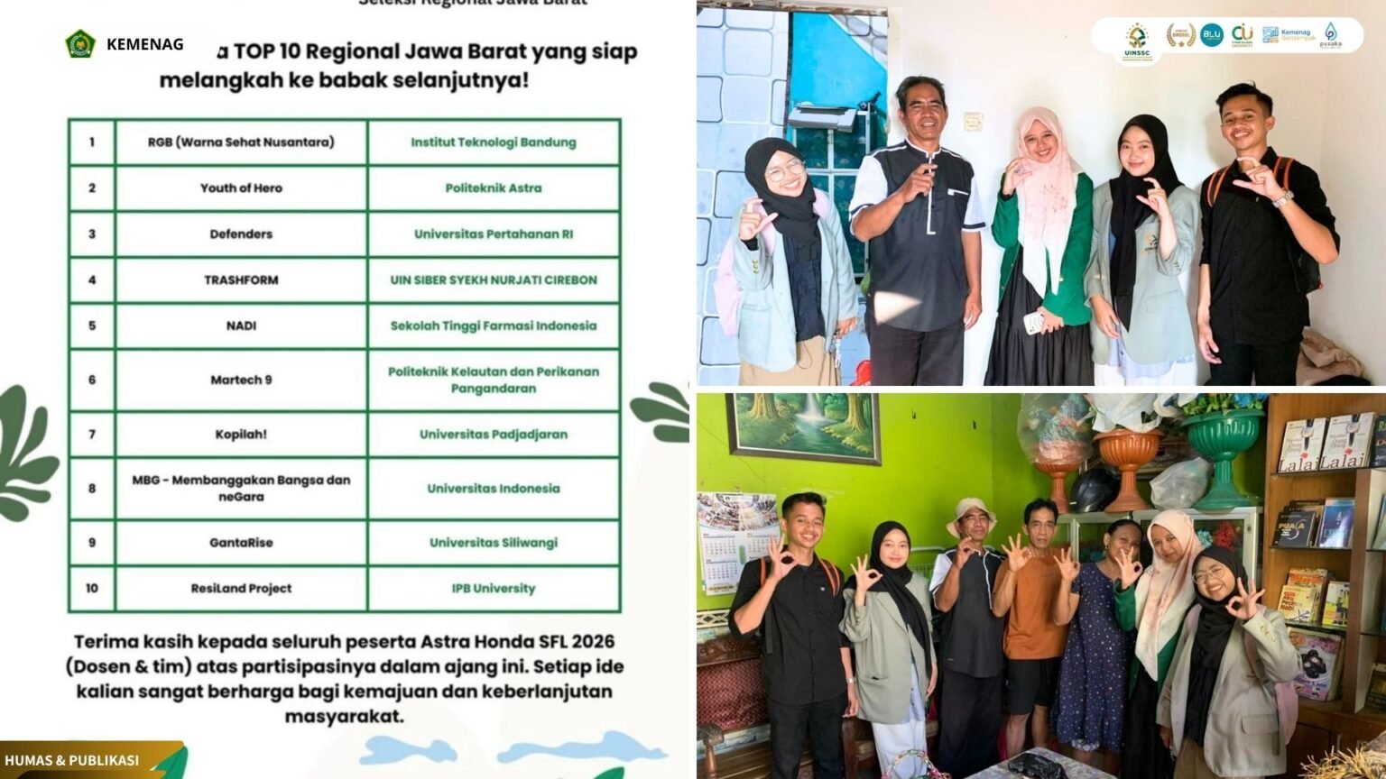 Windi Dhea Safitri Program Studi Ilmu Falak Fakultas Syariah Bersama Tim berhasil menembus Top 10 Finalis Regional Jawa Barat dalam Ajang Bergengsi Astra Honda SDGs Future Leaders (SFL) 2026